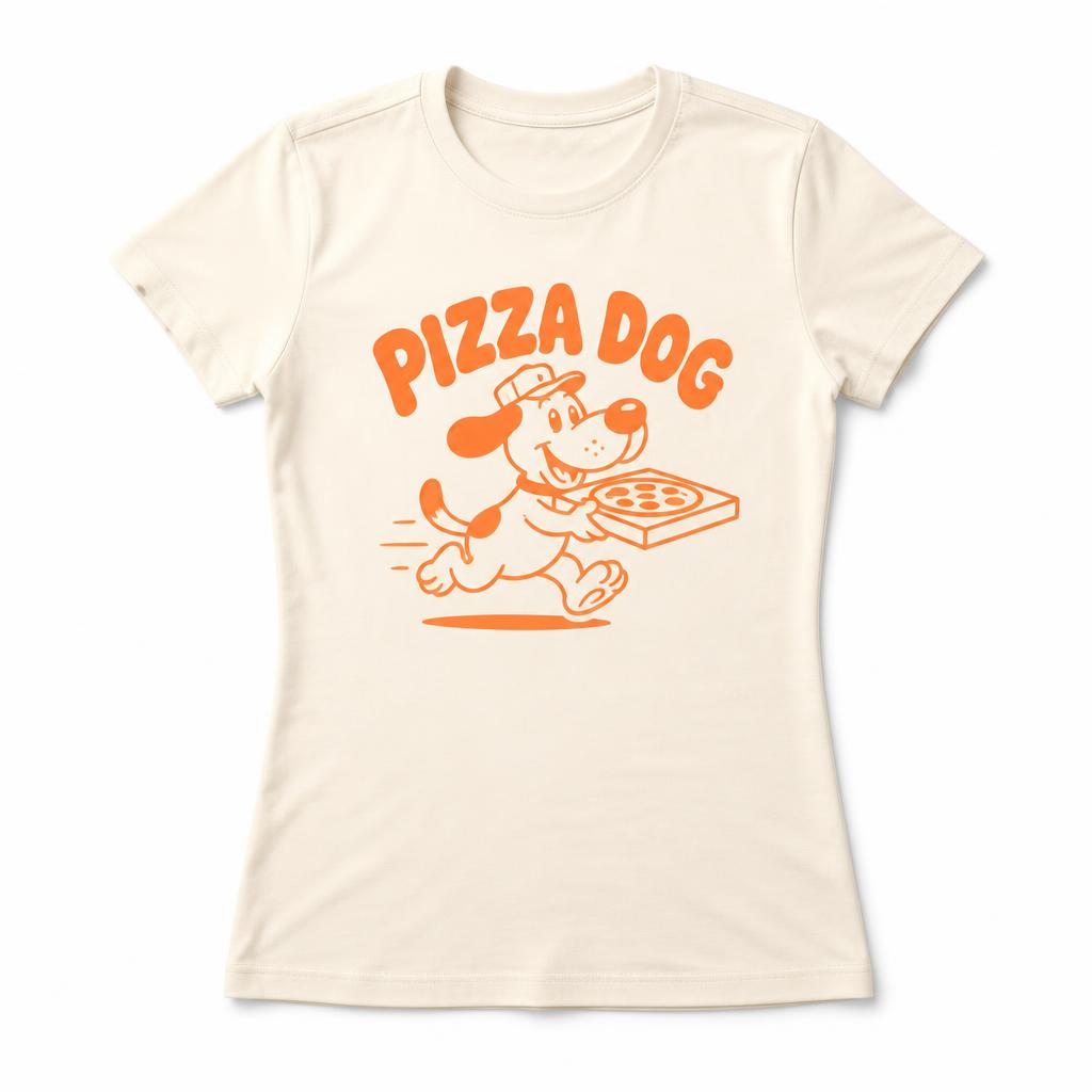 Cream women's t-shirt with orange Pizza Dog logo