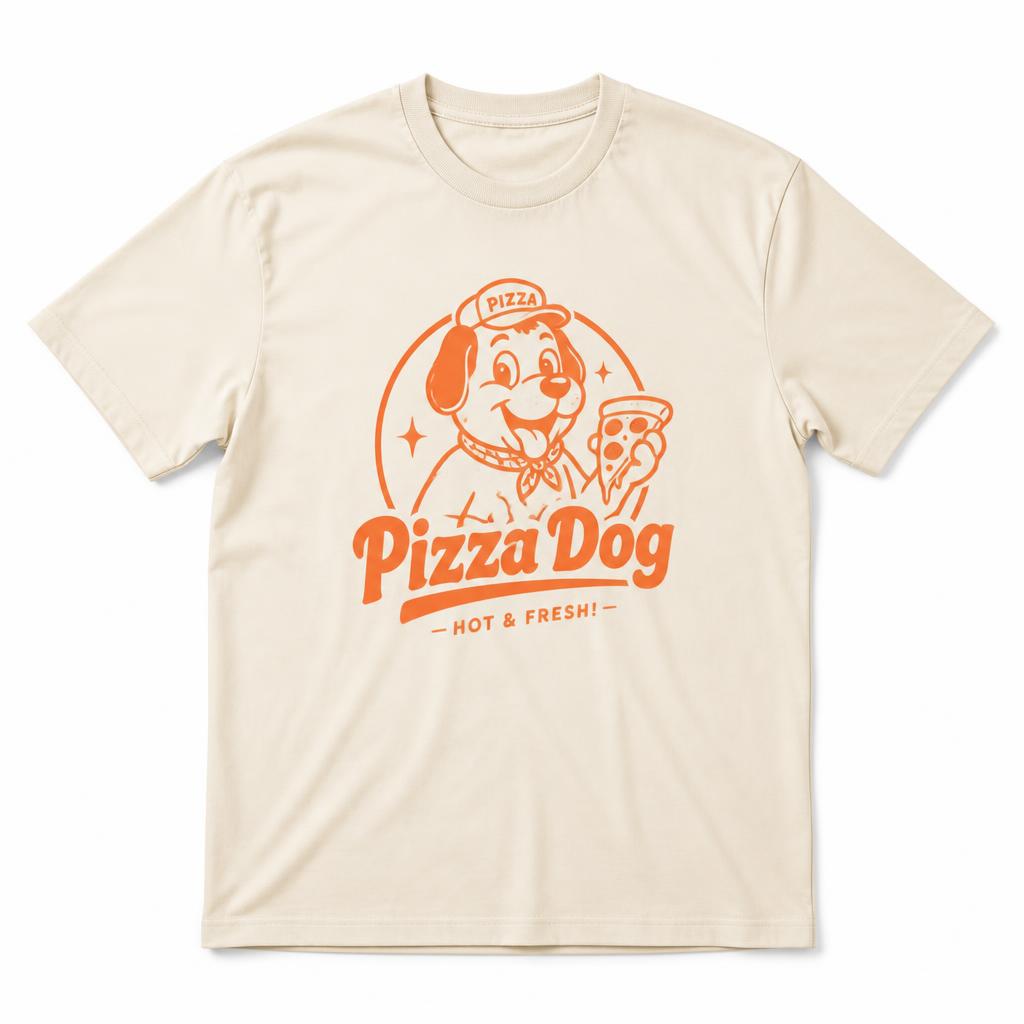Cream men's t-shirt with orange Pizza Dog logo
